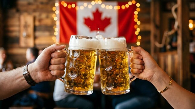Friends joyfully raise chilled mugs of beer in a vibrant pub atmosphere with a prominent canadian flag visible in the background