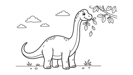Cute Cartoon Brachiosaurus Dinosaur Eating Leaves Vector, Kawaii Long Neck Dino Coloring Page © SohebPixel