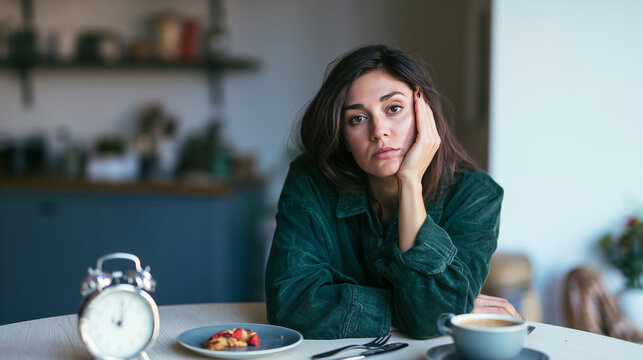 Young woman sitting at a table with her head resting on one hand, looking tired and uninterested in breakfast while an alarm clock, small plate of food and coffee sit in front of h