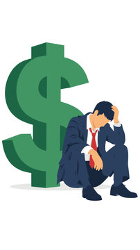 Dejected businessman in wrinkled suit sitting slouched on floor holding head in despair beside giant green dollar symbol, financial loss and economic depression flat vector illustration
