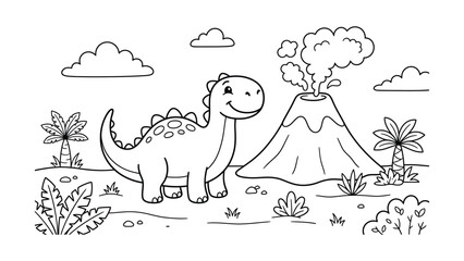 Cute Cartoon Dinosaur next to Erupting Volcano Vector, Kawaii Prehistoric Dino Landscape Coloring Page © SohebPixel