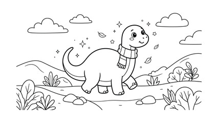 Cute Cartoon Dinosaur Wearing Scarf Walking Outdoors Vector, Kawaii Autumn Dino Landscape Coloring Page © SohebPixel
