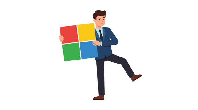 A businessman balancing on one leg while holding a large square grid divided into red yellow green and blue quadrants, managing corporate metrics and equilibrium in flat vector art