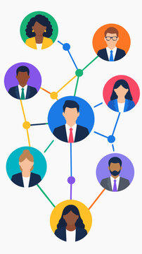 A circular diagram of diverse business avatar icons connected by colorful linked nodes in this flat vector illustration showing human resources network and corporate organizational chart
