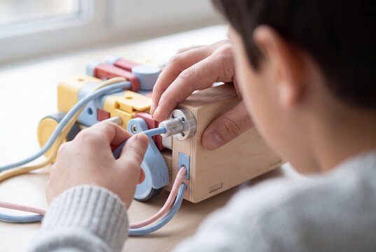 Close Up of a Child Connecting Wires to a Wooden STEM Robotics Toy at Home