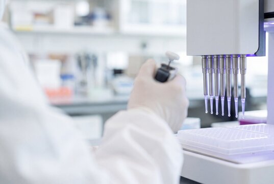 Laboratory Technician Operating Automated Multichannel Pipette for Sample Analysis in Clinical Research