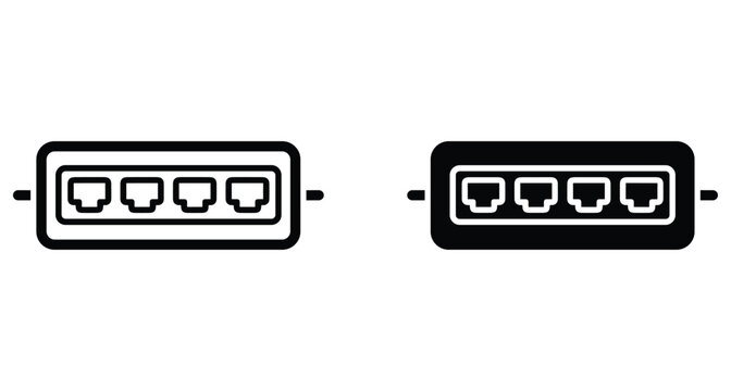Ethernet network switch port icon set with four RJ45 sockets for local area network connection hardware and internet data transfer