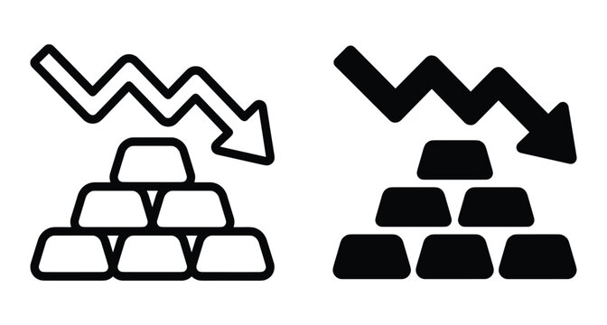 Gold bar price drop icon set showing financial market crash economic recession value decrease and precious metal investment loss symbol