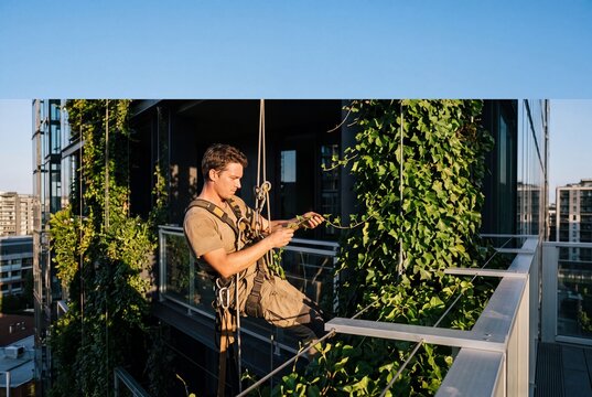 Industrial climber maintaining vertical garden plants on high-rise residential building facade