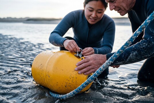 Two divers in wetsuits attach a rope and shackle to a yellow marine buoy on a wet sandy beach