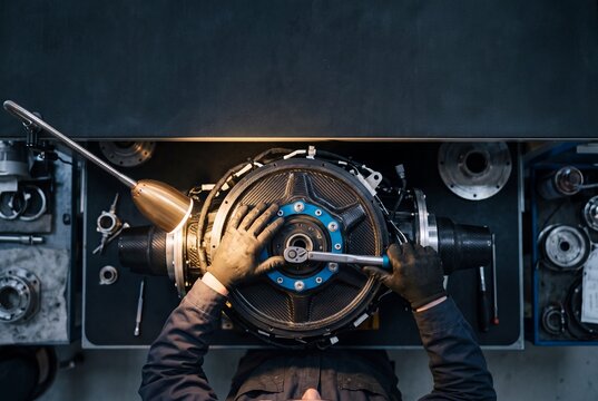 Engineer assembling a high-tech turbine engine component on a workbench in a precision workshop