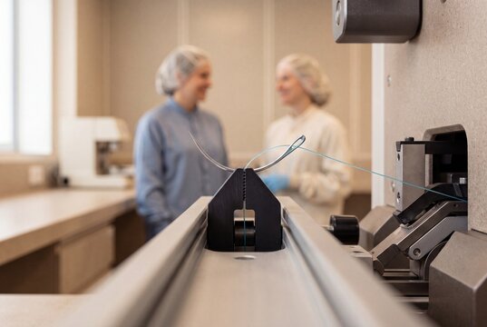 Close-up of a surgical needle and suture thread in a manufacturing machine with laboratory technicians