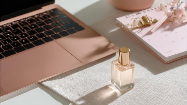 Rose Gold Laptop, Perfume, Calendar, Feminine Workspace Image