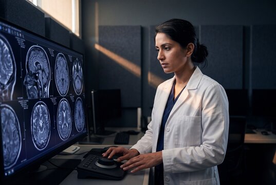 Focused female radiologist analyzing brain MRI scans on a large diagnostic monitor in a dark clinical reading room