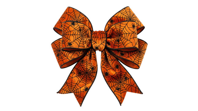 Large orange velvet bow with black spider web and spider detail for festive Halloween decorating.