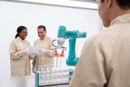 Automated robotic arm handling glass vials in a pharmaceutical laboratory while scientists collaborate in the background