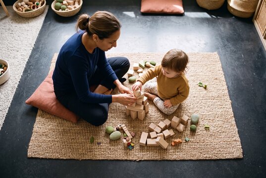 A mother and her toddler daughter play together with wooden building blocks on the floor at home