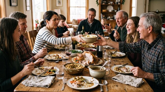 Multi generational family enjoying a festive holiday meal together around a wooden table