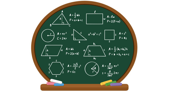 Circular wooden framed chalkboard filled with neat white handwritten geometry formulas, shapes and perimeter equations above chalk sticks, school education flat vector illustration