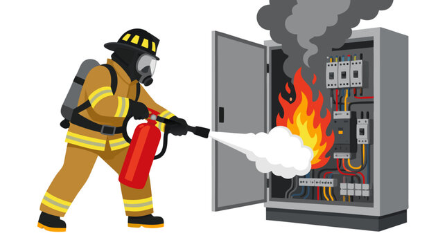 Courageous firefighter in protective gear and oxygen mask aiming a red fire extinguisher at blazing orange flames in an open electrical fuse cabinet, flat graphic vector illustration