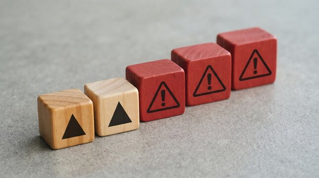 Escalating risk management concept, wooden blocks with increasing warning symbols, business strategy and problem solving, financial growth and decline visualization