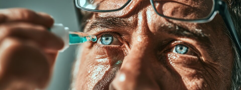 Person applying eye drops in bright light during daytime