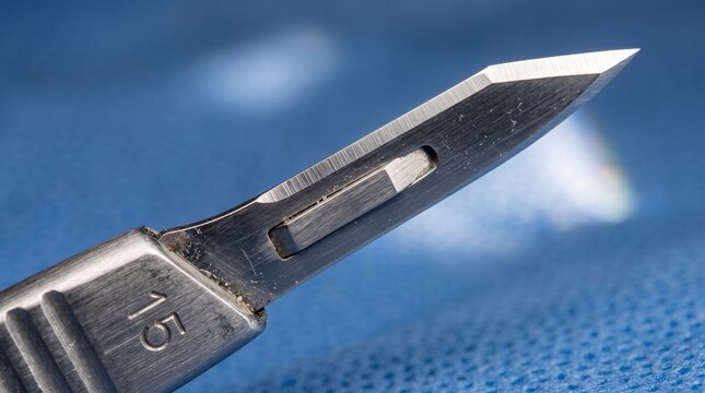 Scalpel blade resting on a blue surgical drape during a medical procedure setup.