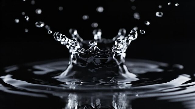 Macro Slow Motion Single Water Drop Falling on Black Background, Pure Liquid Droplet Splash