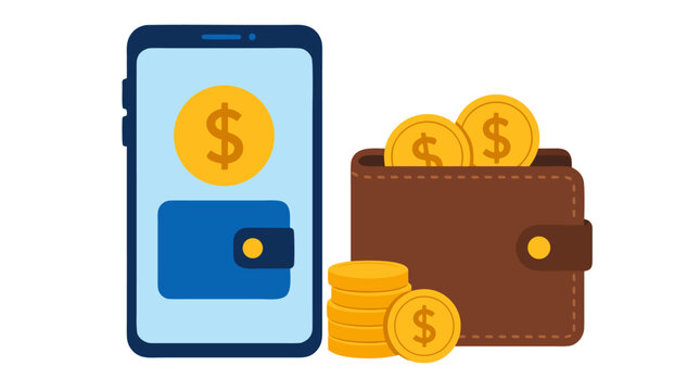 Modern mobile finance concept with smartphone digital wallet app beside brown leather billfold and golden dollar coins in a crisp flat vector illustration over clean white background
