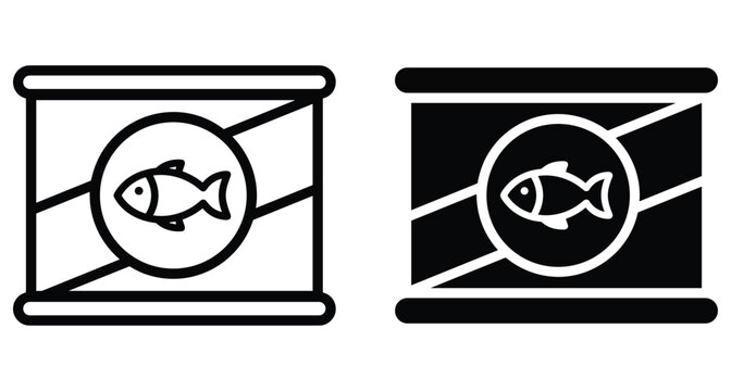 Canned fish icon set featuring tuna or sardine tin in outline and solid styles for grocery store and food packaging