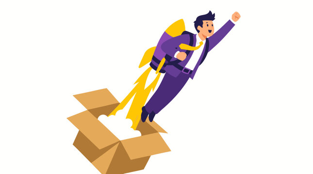 Joyful businessman strapped into purple jetpack launching high out of cardboard box into air with raised fist, flat vector illustration of startup innovation and growth on white backdrop