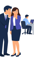 Obraz premium Two whispering corporate coworkers sharing office gossip while casting sideways glances at a busy colleague working at his desk vector artwork over an isolated clean plain white background
