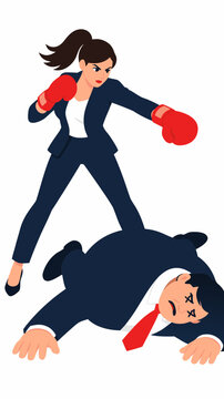 A fierce businesswoman wearing red boxing gloves standing victorious over a defeated male corporate rival lying on the ground vector illustration against an isolated white background