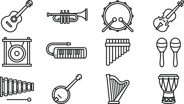 Musical Instruments Line Art Vector Icon Set with Guitar Trumpet Drums Violin Gong Melodica Harp and Percussion Symbols for Audio Education Designs