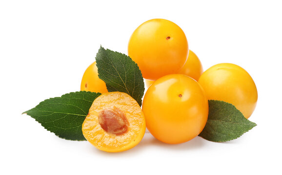 Yellow cherry plums with green leaves isolated on white