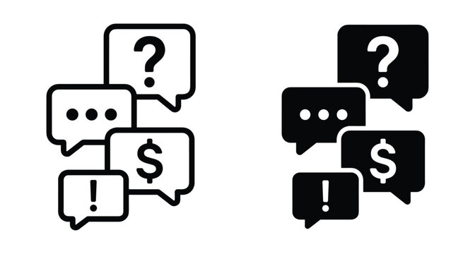 Speech bubble icon set featuring question mark dollar sign exclamation point and ellipsis symbols for communication chat and financial support