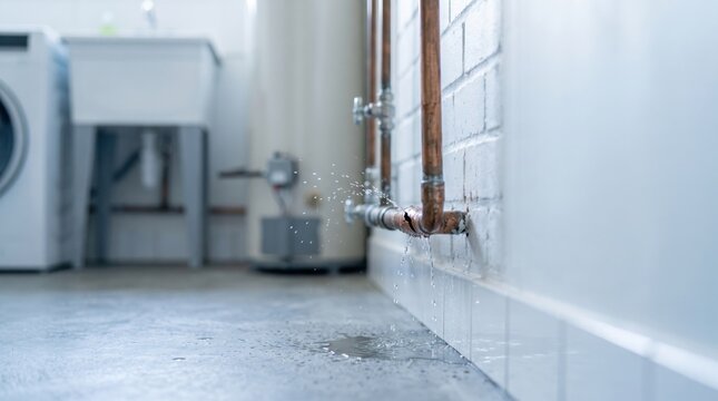 Cracked copper pipe leaking water onto floor in laundry room. Burst pipe, plumbing failure, water damage and repair service concept
