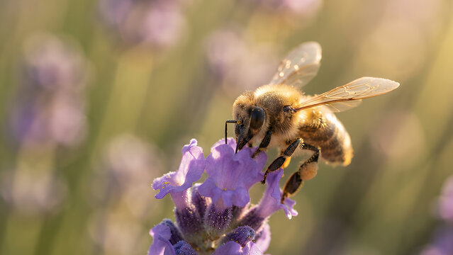 Honey bee collecting nectar from a purple lavender flower in a sunlit garden with soft bokeh background