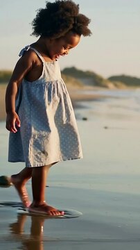 Vertical video: Stepping child in blue sundress testing shallow wet sand on shore