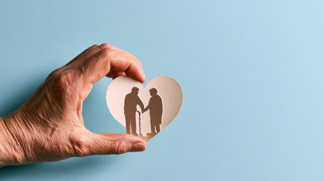 Gesture of love with hand forming a heart shape around elderly couple shadow