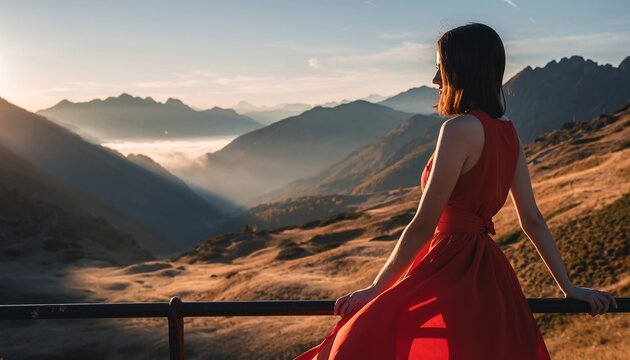 Woman Enjoying the Mountain View at Sunrise While Wearing a Red Dress