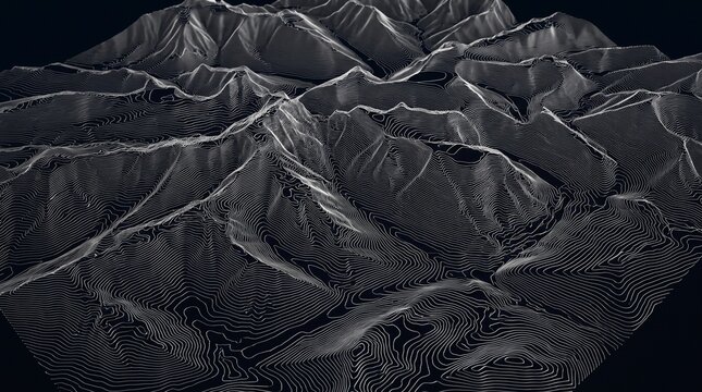 Topographic mountain landscape with 3D relief map texture, dark charcoal terrain with contour lines, abstract geological elevation model for data visualization