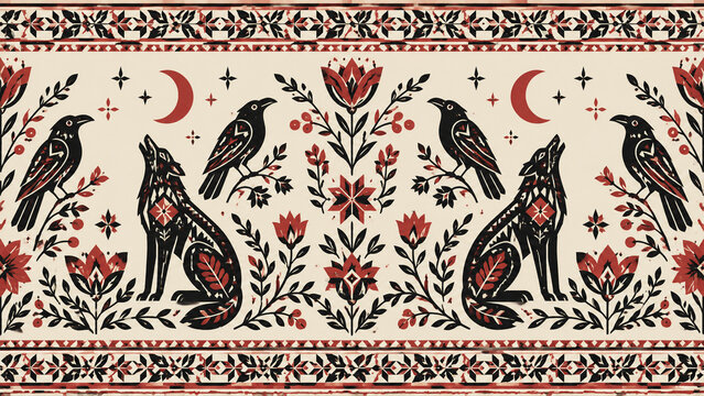 Folk art seamless border with howling wolves and ravens, mystical forest animals in linocut style, bohemian floral pattern with crescent moons