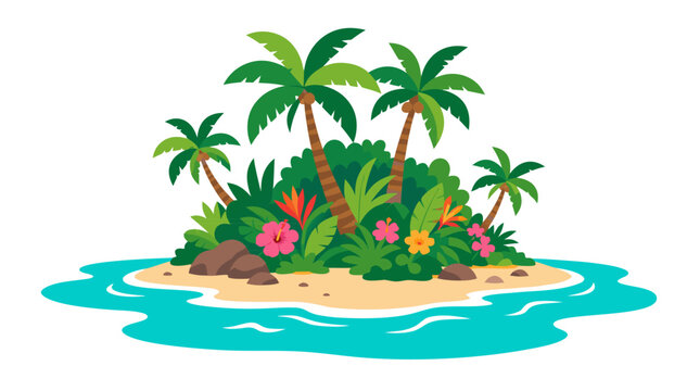 A secluded tropical sandy island oasis with tall coconut palm trees and blooming hibiscus bushes in turquoise ocean water, flat vector illustration of paradise vacation travel escape