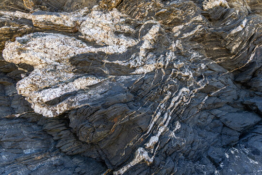 View of folded dark schist rock formations with intricate white quartz veins in the coastal cliffs of Malhao, Beja, Portugal.