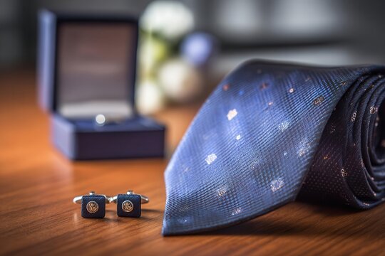 Elegant Grooms Accessories Blue Tie, Cufflinks, and Ring Box