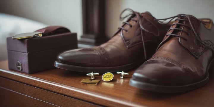 Elegant Grooms Accessories Brown Shoes, Cufflinks, and Box