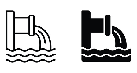 Obraz premium Industrial pipe discharging liquid waste into water waves icon set representing environmental pollution sewage drainage and toxic chemical disposal