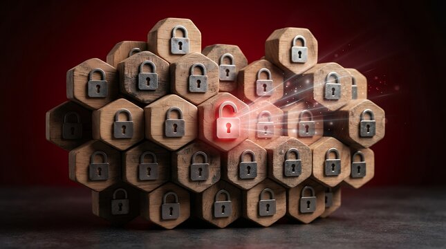 Digital security concept, glowing red padlock on a network of hexagonal wooden blocks, data protection and cyber safety, secure online information, internet privacy, firewall defense.