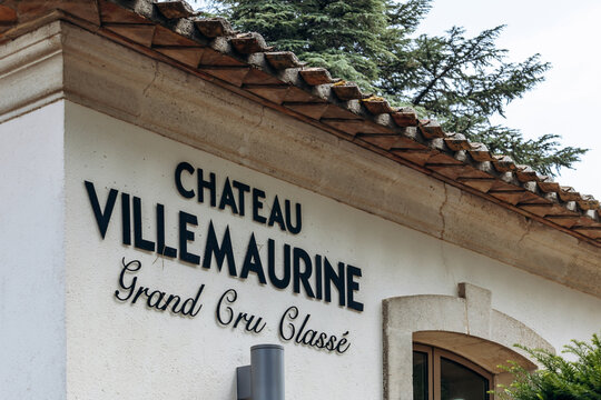 Saint Emilion, France - July 13, 2026: Chateau Villemaurine name and Grand Cru Classe (classified growth) inscription displayed on the facade of the Saint Emilion wine estate.